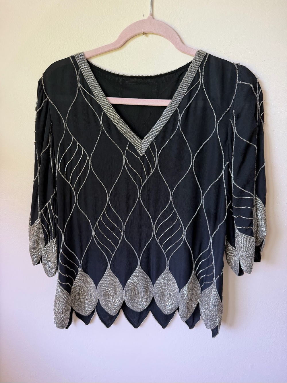 Vintage Swee Lo 100% Silk Beaded 2-Piece Set Skirt & Blouse Black Silver Size L
